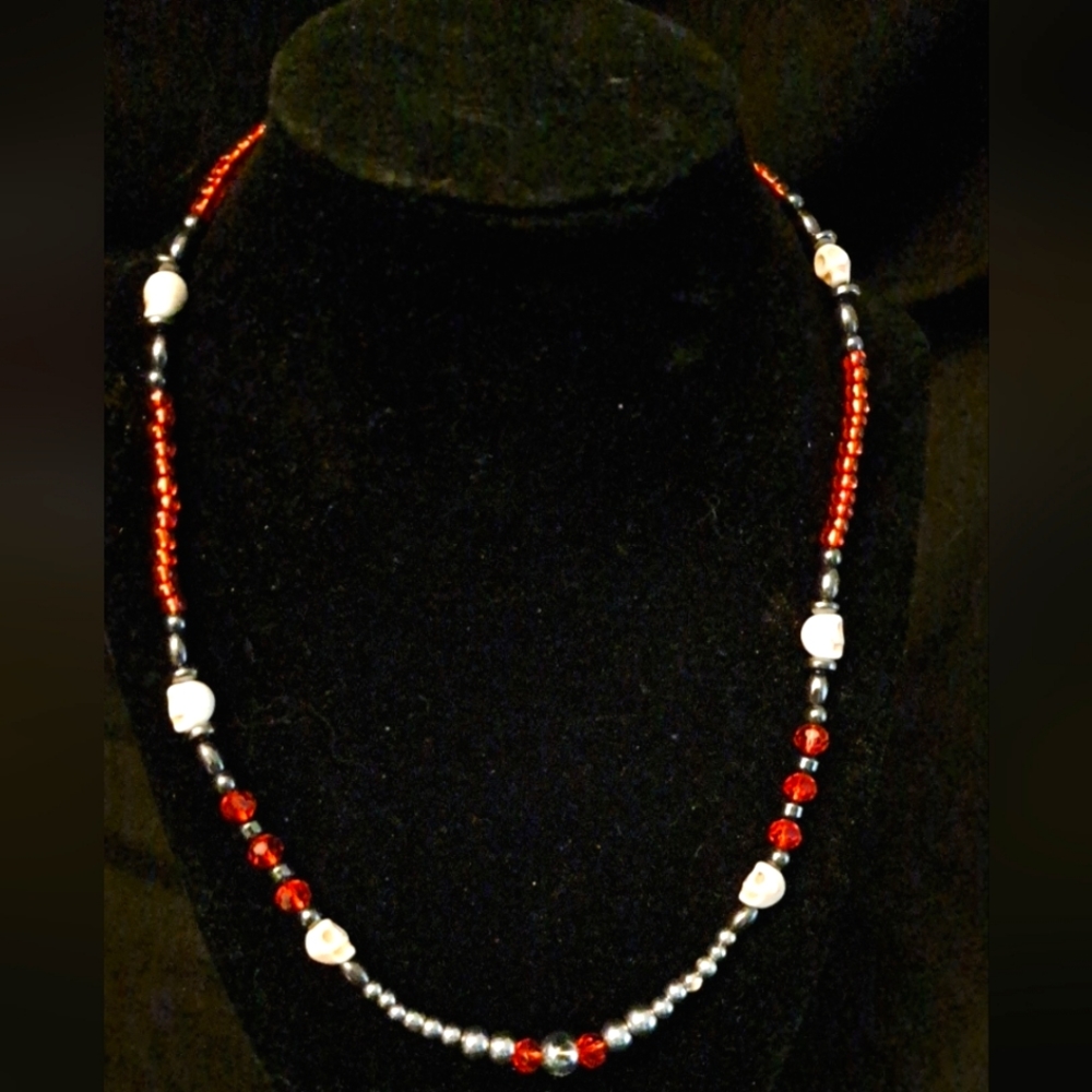 Red and Silver skull beaded handmade necklace